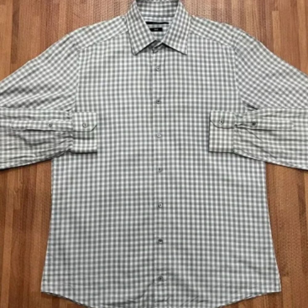 Gucci Mens size 44/17.5 Fitted Gray White Plaid Long Sleeve Button Shirt (ITALY)